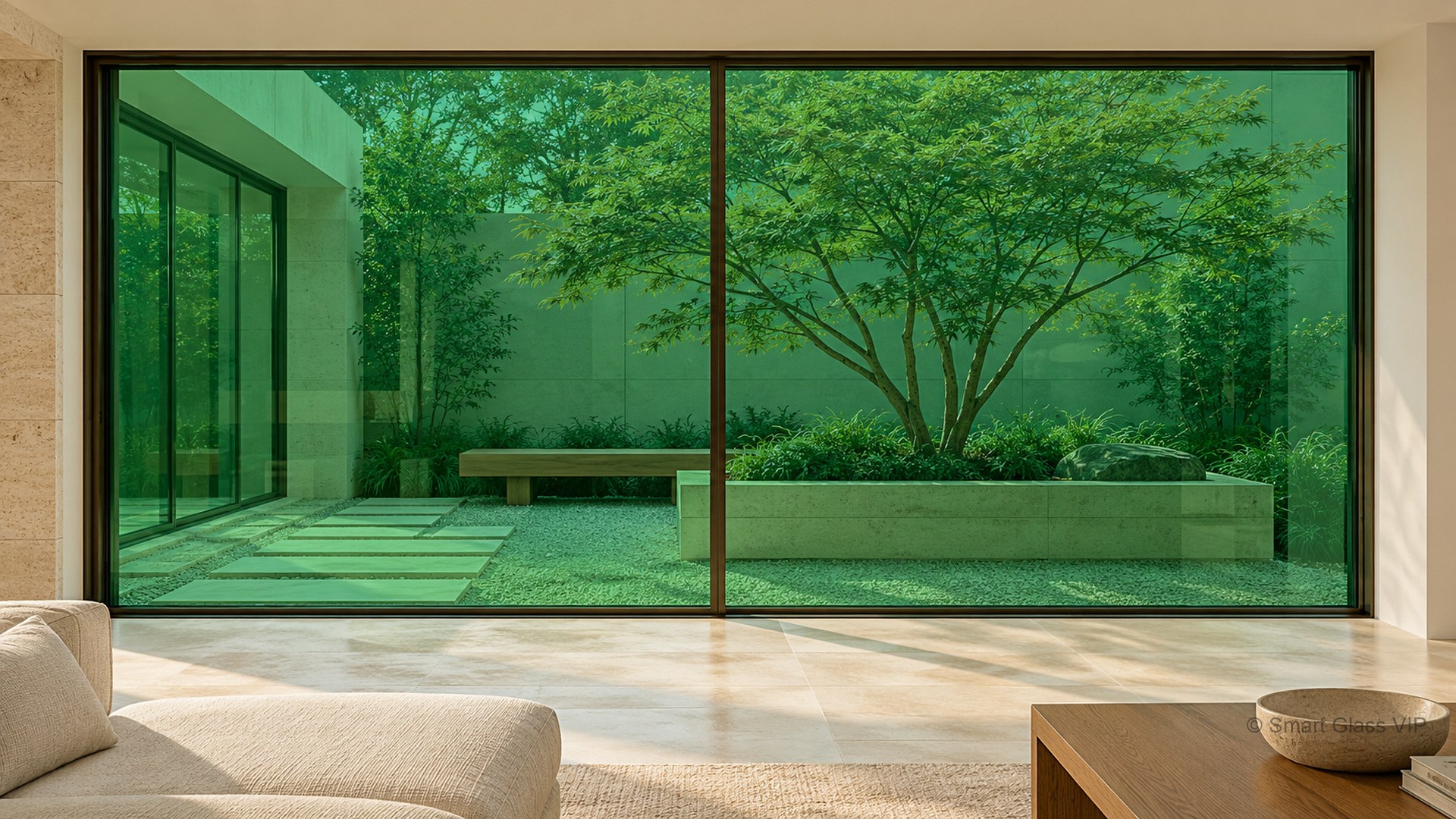 Película PDLC de color en ventana de salón — tintada clara encendida, más esmerilada apagada — Encendido · tinte claro