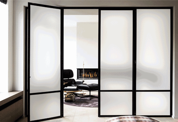 Self-adhesive smart film switching between clear and frosted states in a home interior - animated demo