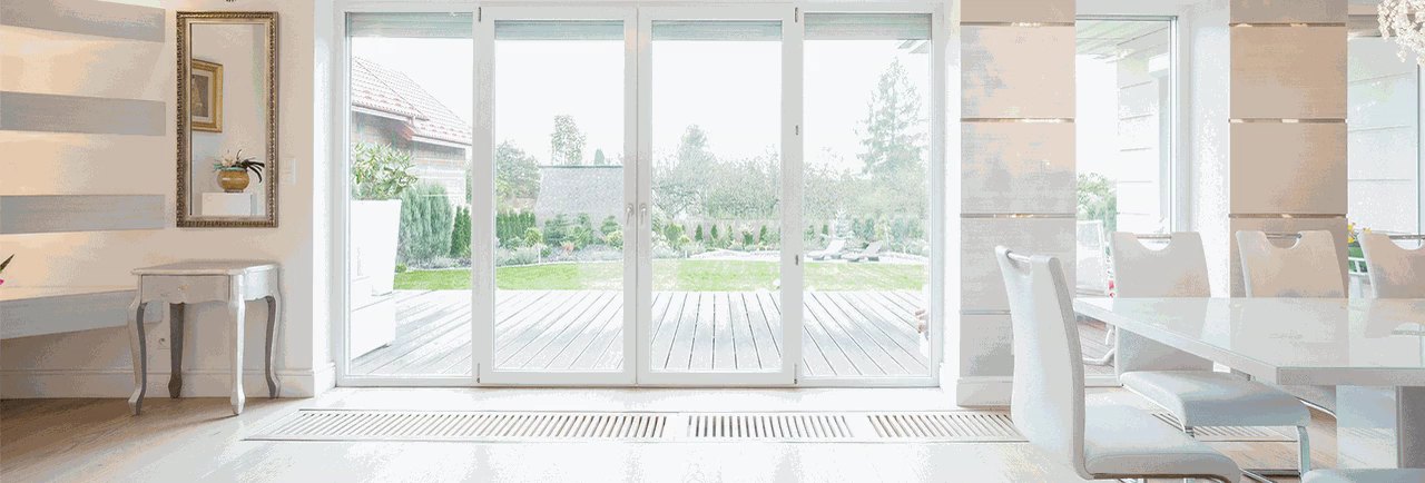 A glazed residential entry door with switchable PDLC film - Clear