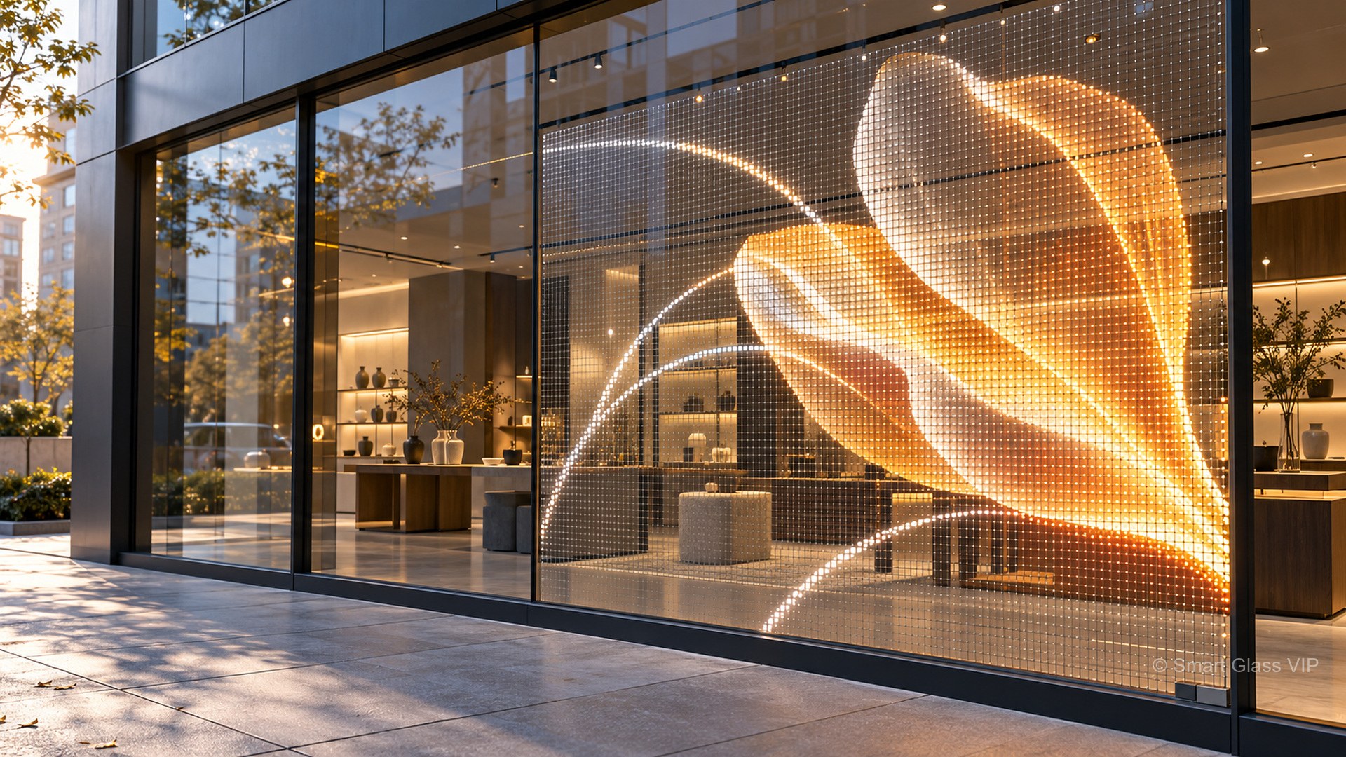 فيلم LED على زجاج المكتب — عرض شفاف نهاراً وزجاج صافٍ ليلاً