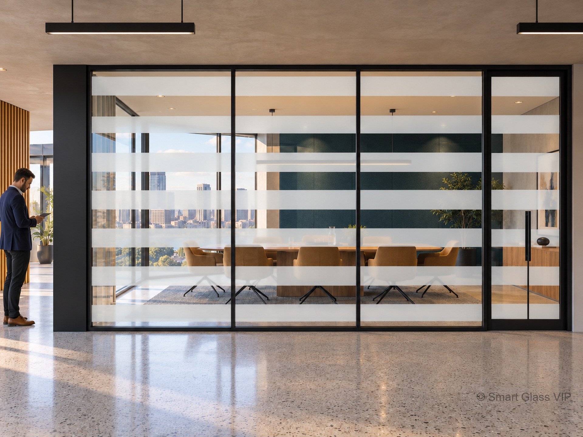 Patterned smart film on an office glass partition - striped frosted bands