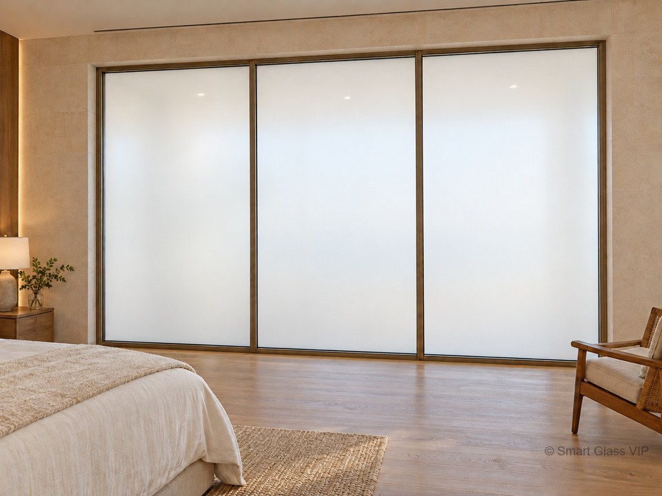 Smart blinds — sea-view suite, frosted state