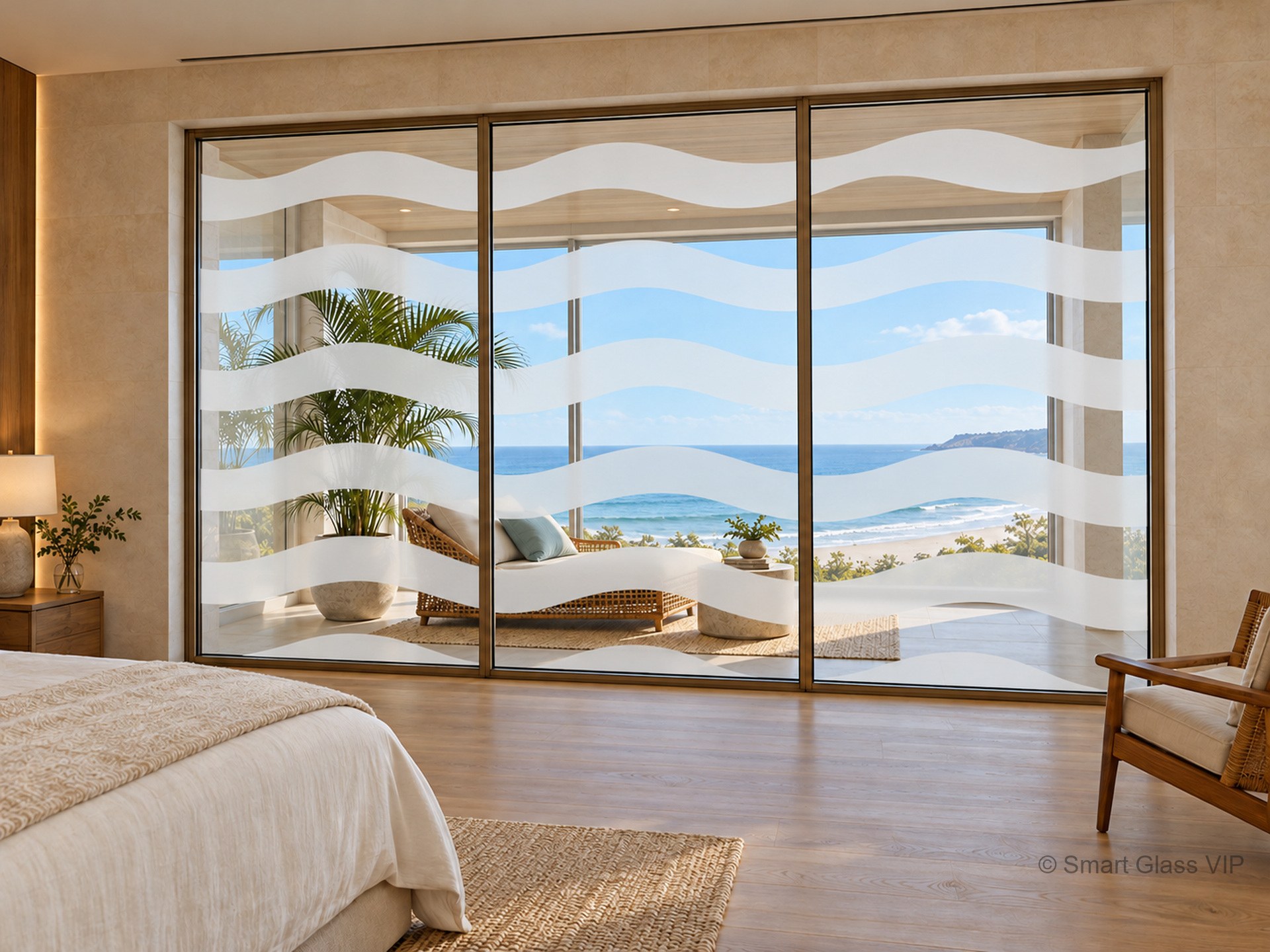 Zebra-striped smart film on a sea-view window - banded privacy without blinds